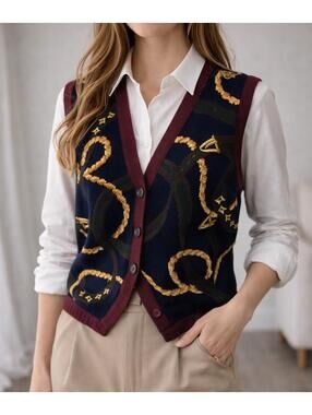 Talbots Vintage Equestrian Sweater Vest Women L Navy Gold Chain Button Preppy